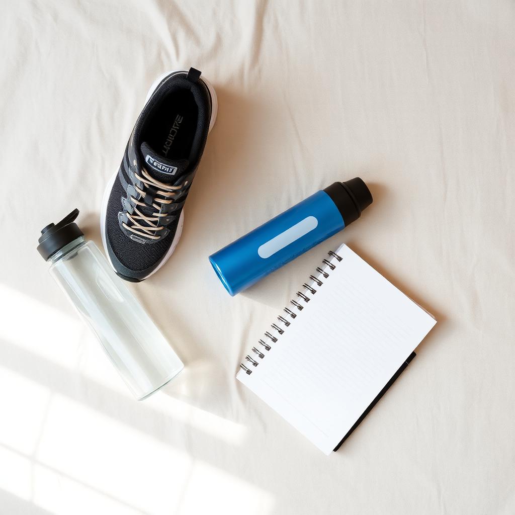 Running shoes, bottle and journal flat lay